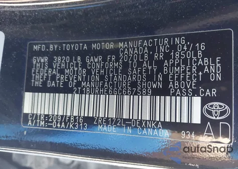 2016 Toyota Corolla L/Le/Le Pls/Prm/S/S Pls из США, поврежденный, VIN 2T1BURHE6GC667589